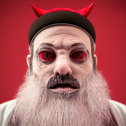 Image similar to A portrait of a Rabbi that the devil looking at the camera in anger, satan, dark, ominous, haunting, sinister, close-up, studio lighting, realism, 8k, 3D render, octane 3D, maya, cinema 4D, Blender, red lighting, scary, horror, dark,