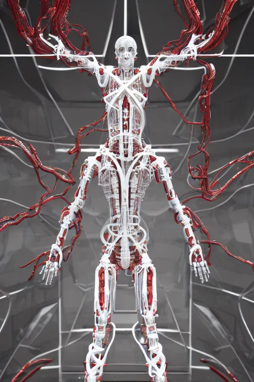 Image similar to white space station interior, white cross, a statue jesus on cross made of red marble, perfect symmetrical body, full body shot, inflateble shapes, wires, tubes, veins, jellyfish, white biomechanical details, wearing epic bionic cyborg implants, masterpiece, intricate, biopunk, vogue, highly detailed, artstation, concept art, cyberpunk, octane render