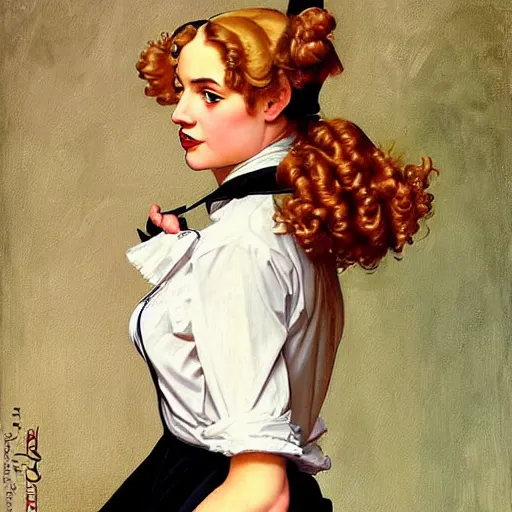 Image similar to beautiful painting of Lucius as a French maid with long pale curly blond hair, beautiful androgynous young man, very very light fluffy curly blond hair, he wears a white secretary shirt and black miniskirt, pinup poster by J.C Leyendecker and Norman Rockwell