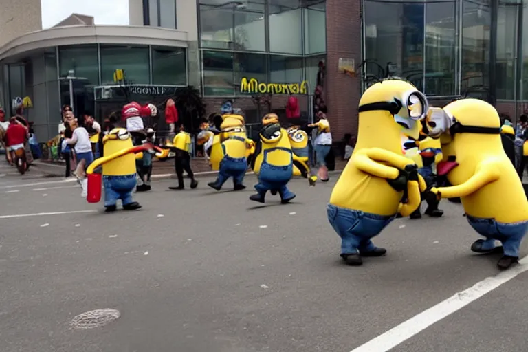 Image similar to minions fighting outside of a mcdonalds