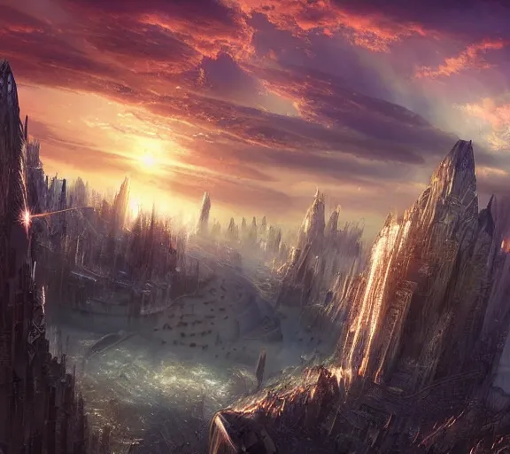 Image similar to vast beautiful epic realistic fantasy landscape with futuristic cities and iridescent crystals