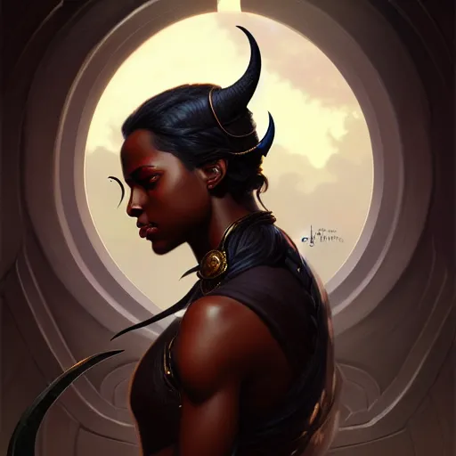 Prompt: , portrait of an black skinned tiefling female, D&D, fantasy, intricate, elegant, highly detailed, digital painting, artstation, concept art, smooth, sharp focus, illustration, art by artgerm and greg rutkowski and alphonse mucha