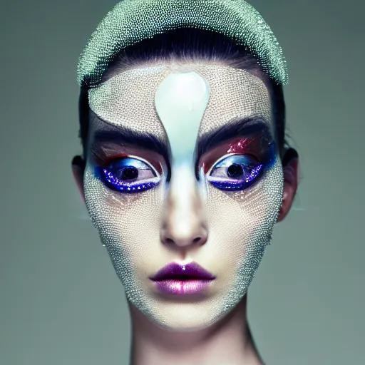 Image similar to high fashion photography of a model in neo futurism white sci - fi makup, transparent cloth, beautifully lit