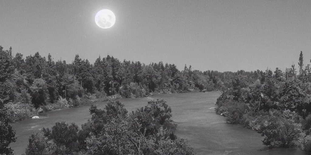 Image similar to a city on the moon with trees. river in the foreground. ocean in on the right. half lit earth in the sky from moon. moon mountains in the background