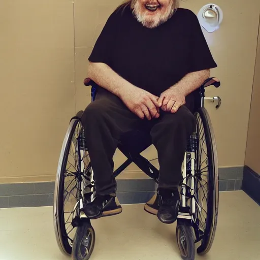 Image similar to laughing joyful robert wyatt sitting in his wheelchair locked in a small cell in prison, photograph, 4 k