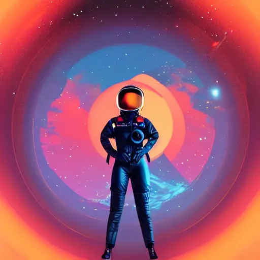 Image similar to A wide angle shot from below of a female astronaut with a feminine body walking with swagger towards camera on mars in an infinite universe , synthwave digital art