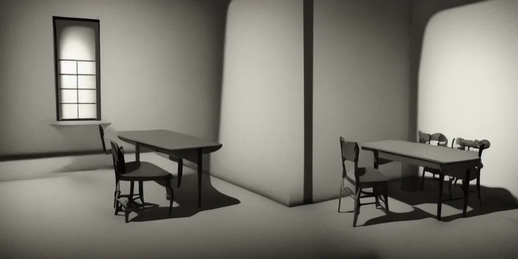 Prompt: 1 9 4 0 s interrogation room, film noir, set piece from the movie shadow of a doubt by alfred hitchcock, cinematic, hard shadows, minimalistic, recreated with unreal engine 5