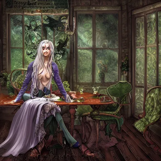 Prompt: An archfey from the Feywild sitting in their dining room alone, 8k resolution, digital art, highly detailed