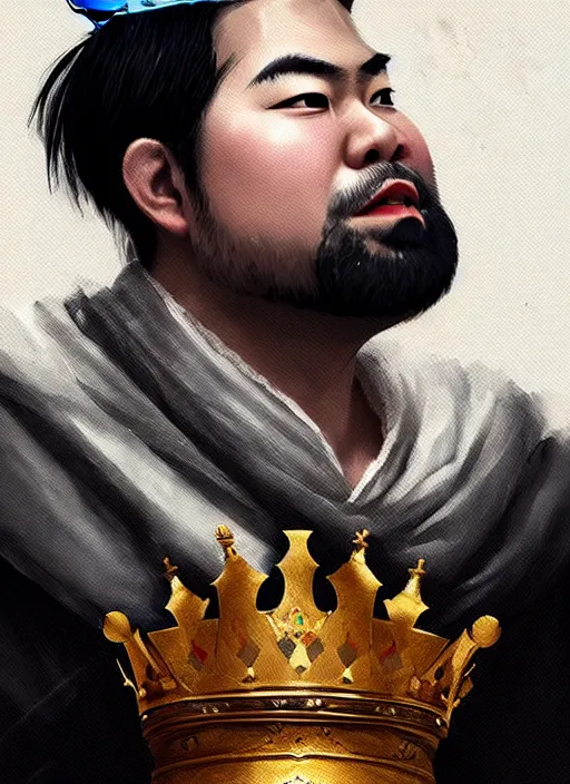 Image similar to gm hikaru nakamura dressed as a king, with a chess piece as a crown, artstation, extremely detailed artgerm, greg rutkowski