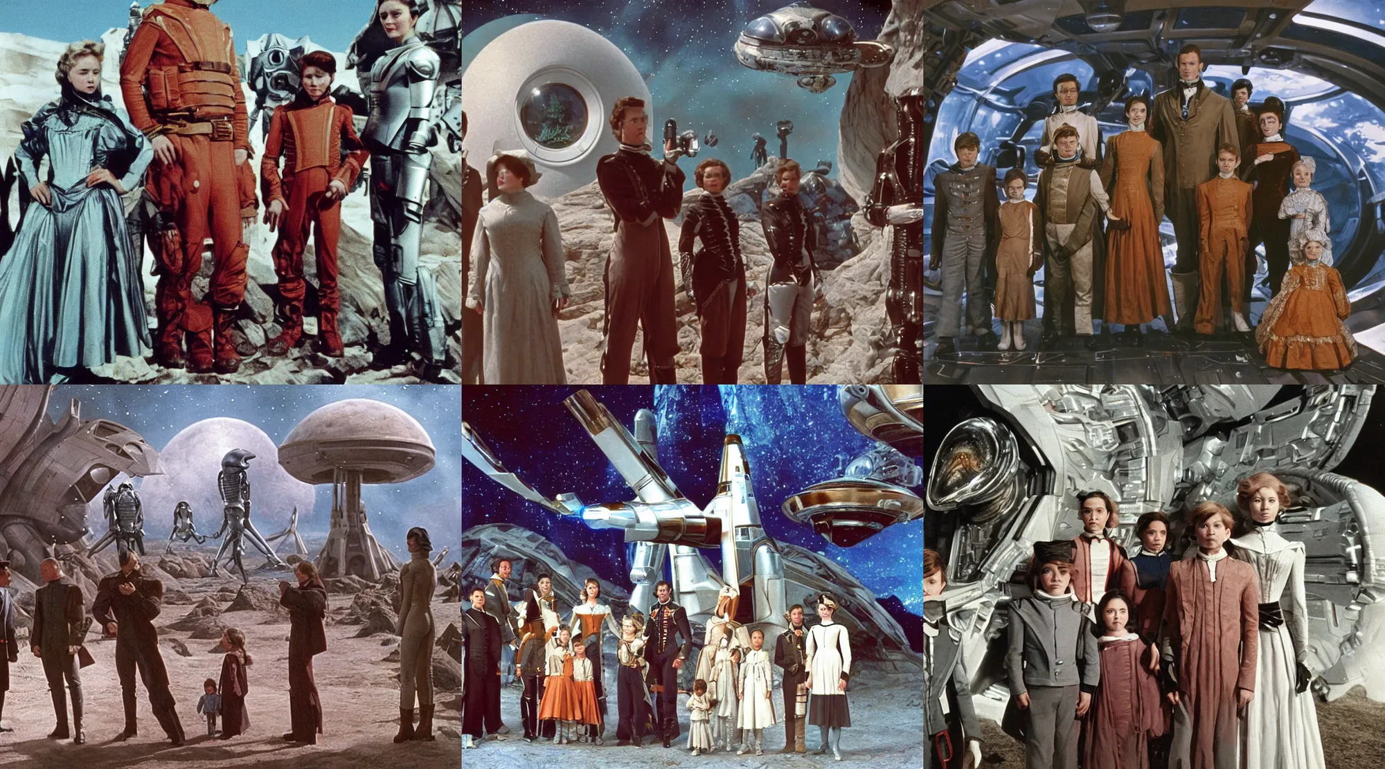 Prompt: sharp, detailed, 256k film still from a sci fi blockbuster color movie made in 1990, set in 1860, of a family standing in front of a spaceship that has just landed on an alien planet, a humanoid alien creature stands nearby, the family are all wearing 1850s era clothes, cinematic lighting, good photography, sharp focus