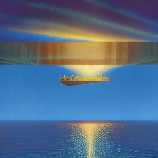 Image similar to beautiful matte painting of golden shores of a blue dreamy ocean, scientific codex cube floating above the ocean, sci - fi, daylight, blue sky, cinematic lighting, cinematic perspective, syd mead, john harris, federico pelat