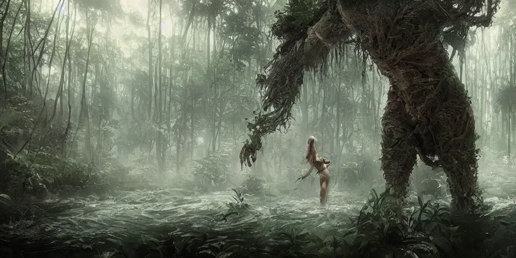 Prompt: forest nymph rising from the water. view from behind, back view. nuri iyem, james gurney, james jean, greg rutkowski, anato finnstark. award winning photography, cinematic, hyper detailed