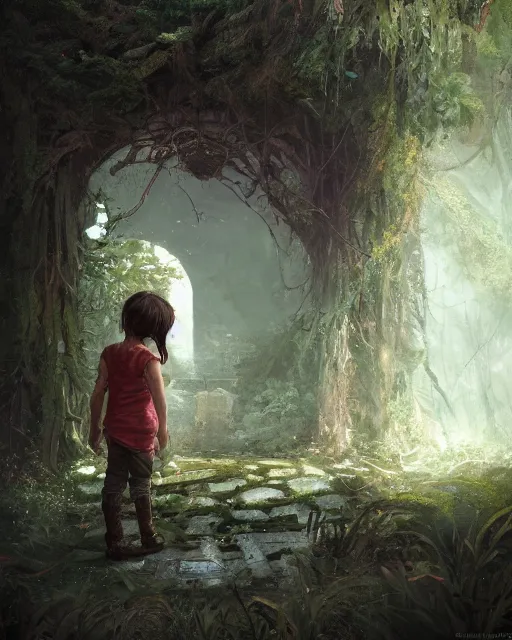 Prompt: a child looking at a portal in the hidden garden, scare, environment art, fantasy art, landscape art, in the style of greg rutkowski, illustration, epic, fantasy, intricate, hyper detailed, artstation, concept art, smooth, sharp focus, ray tracing