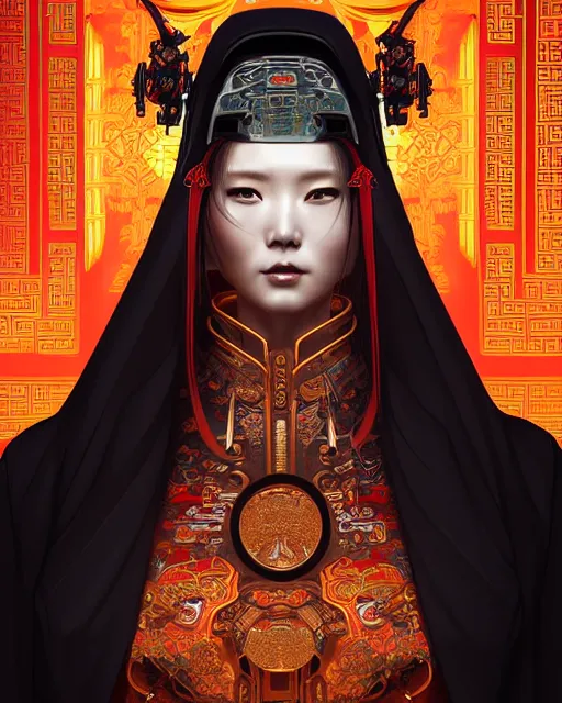 Image similar to portrait of a chinese cyberpunk machine, machine face, robed, upper half portrait, decorated with chinese opera motifs regal royal fierce machine robot cyberpunk fine china, wuxia, traditional chinese art intricate intense elegant highly detailed digital painting artstation concept art smooth sharp focus illustration, art by artgerm and greg rutkowski alphonse mucha 8 k