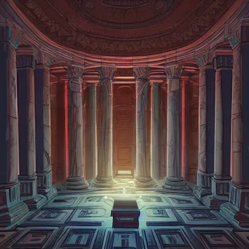 Image similar to Interior of Greek Temple the graphic style of Fiona Staples and Marvel Comics, hyper detailed, trending on artstation, glow, soft, volumetric, intricate, symmetric, Beautiful comic art