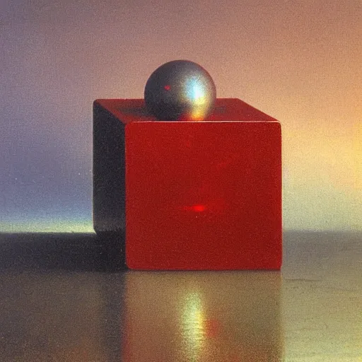 Prompt: chrome spheres on a red cube by ivan aivazovsky