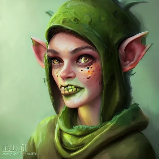 Image similar to Cute Goblin Cleric Girl with large expressive eyes and a scarf, hatched ear, green skin, highly detailed, by Luke Pearson, Cornelia Geppert, artgerm, digital illustration, comic style, concept art