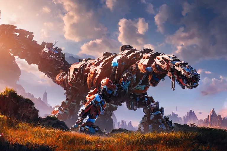 Image similar to tremortusk machine mecha animal beast robot of horizon forbidden west horizon zero dawn bioluminiscence global illumination ray tracing hdr fanart arstation by sung choi and eric pfeiffer and gabriel garza and casper konefal