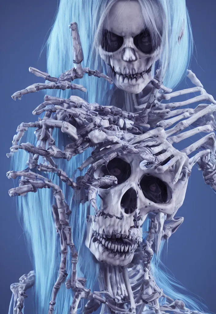 Image similar to portrait of female alt model with blue hair as a skeleton. intricate abstract. intricate artwork. nightmare fuel. by Tooth Wu, wlop, beeple, dan mumford. octane render, trending on artstation, greg rutkowski very coherent symmetrical artwork. cinematic, hyper realism, high detail, octane render, 8k, iridescent accents