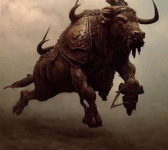 Image similar to bull headed warrior, minotaur concept art, beksinski, wayne barlowe, adrian smith fantasy art, the hobbit art, lord of the ring art, the witcher concept art, trending on artstation, game of throne art