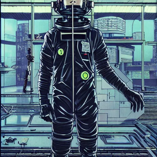 Image similar to cyberpunk japanese man with long limbs and a black spacesuit on a spacewalk, techwear, Industrial Scifi, detailed illustration, character portrait, by Martin Grip and Moebius