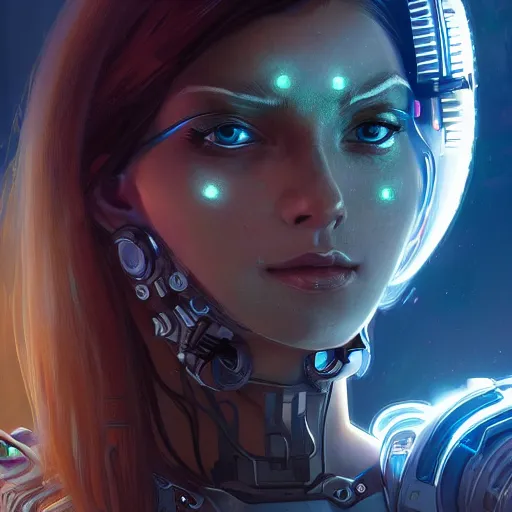 Image similar to closeup portrait of a young cyborg woman, cyberpunk, nighttime, fantasy, intricate, elegant, highly detailed, digital painting, artstation, concept art, matte, sharp focus, illustration, hearthstone, art by Artgerm and Gred Rutkowski and Alphonse Mucha