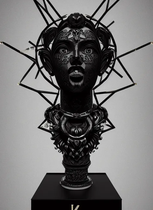 Prompt: stylized onyx black gold lines dark severe lighting ornate statue full body made of marble of judas, perfect symmetrical body, perfect symmetrical face, hyper realistic, hyper detailed, by johannen voss, by michelangelo, octane render, blender, 8 k, displayed in pitch black studio room