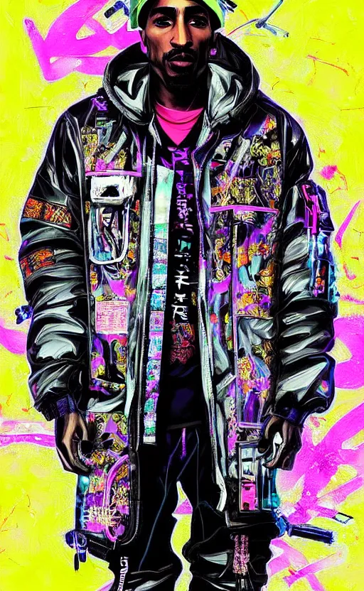 Image similar to detailed Tupac Shakur portrait Neon Operator, cyberpunk futuristic neon, reflective puffy coat, decorated with traditional Japanese ornaments by Ismail inceoglu dragan bibin hans thoma !dream detailed portrait Neon Operator Girl, cyberpunk futuristic neon, reflective puffy coat, decorated with traditional Japanese ornaments by Ismail inceoglu dragan bibin hans thoma greg rutkowski Alexandros Pyromallis Nekro Rene Maritte Illustrated, Perfect face, fine details, realistic shaded, fine-face, pretty face