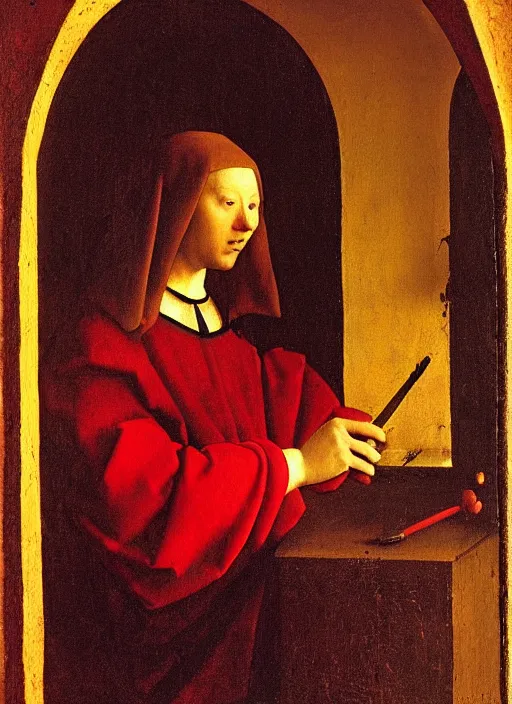 Image similar to red candle, medieval painting by jan van eyck, johannes vermeer, florence