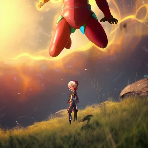 Image similar to an epic anime of energy man, ghibli, unreal 5, octane render, rpg portrait, dynamic lighting, epic, epic anime, 2 d