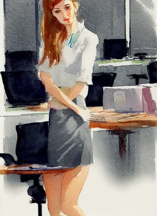 Image similar to concept art of a modern office life, young attractive business woman, pencil miniskirt, pinterest, artstation trending, behance, watercolor, by coby whitmore, silver, laser light,