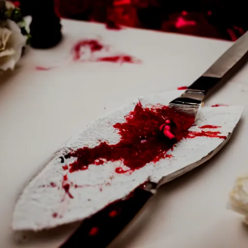 Image similar to wedding cake knife slice with blood dripping from the slice into a contract in a surrealistic style