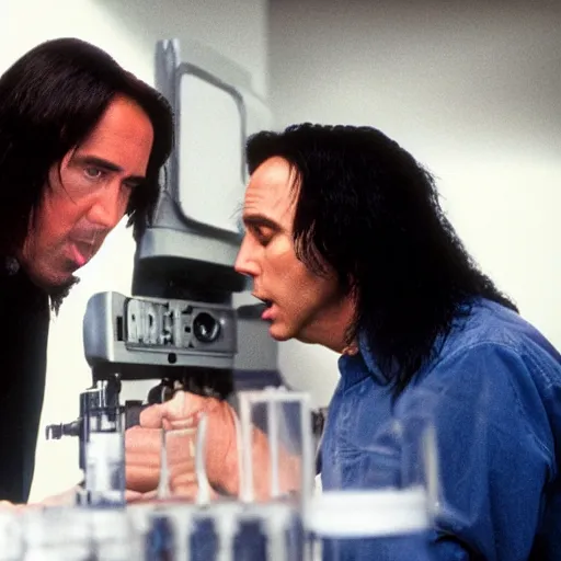 Image similar to filmic extreme close up shot movie still 4 k uhd interior 3 5 mm film color photograph of nicolas cage and tommy wiseau as two scientists arguing and yelling in a lab in antartica