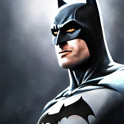 Image similar to closeup portrait of batman, realistic portrait, dramatic lighting, city background, moon, trending on artstation, high detail, chiaroscuro, painted by greg rutkowski and igor kieryluk