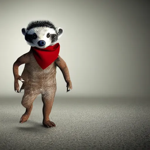 Image similar to a humanoid friendly badger walking on white background towards the camera, he‘s wearing a red neckerchief, digital render