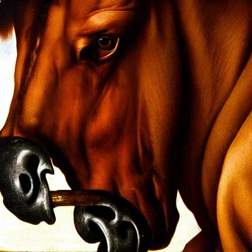 Image similar to close up portrait of willem dafoe eating an entire horse, oil painting, high detail, dark lighting, atmospheric, extremely detailed, intricate, da vinci, michelangelo, caravaggio, hans holbein, 8 k