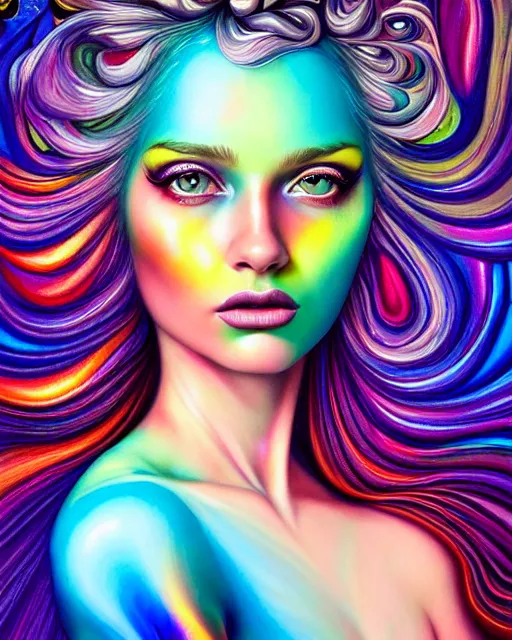Prompt: ultra detailed realistic colorful acrylic pour flow portrait painting of a iridescent - haired woman with striking eyes, professional makeup, girl in a bed of flowers and butterflies, directed gaze, vintage film, digital art by rhads, lisa frank, clint cearley, trending on artstation, psychedelic art, psychedelic, metaphysical, vibrant colors, mystical, digital illustration