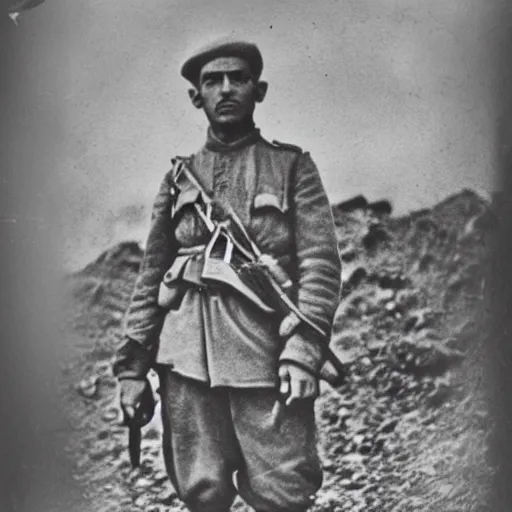 Image similar to Kurdish soldier, ww1 trench, war photo, film grain, award winning photo