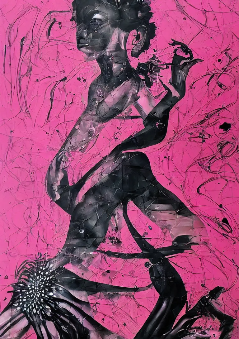 Prompt: Beautiful woman surrounded by ferrofluid painting Sachin Ten, asymmetric, pink vibrations, Realistic painting, Organic painting, Matte painting, geometric shapes, hard edges, graffiti, street art:2 Sachin Ten:4,
