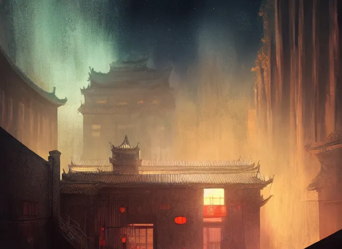 Image similar to a chinese prison at night lit by the stars, wispy smoke, highly detailed face, very intricate, symmetrical, cinematic lighting, award - winning, painted by mandy jurgens, peter doig, dystopian, bold colors, dark vibes, featured on artstation