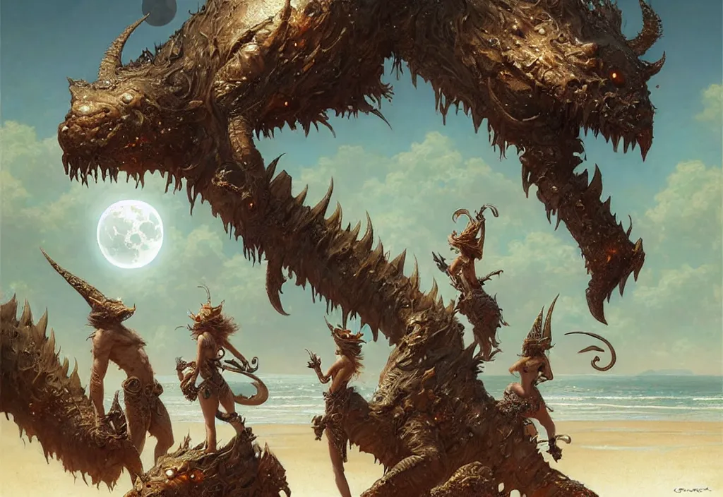 Image similar to cute fantasy critters at the beach looking at the moon, ultra realistic, concept art, intricate details, highly detailed by greg rutkowski, gaston bussiere, craig mullins, simon bisley