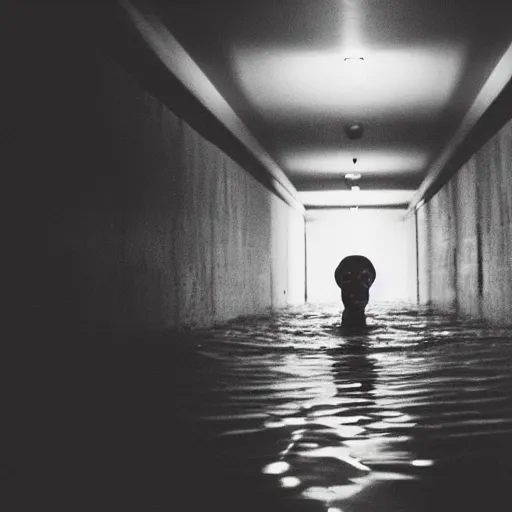 Prompt: a flooded creepy empty basement hallway with a clown standing in the dark, shaky, film grain, craigslist photo