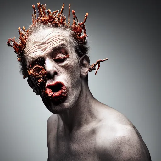 Prompt: long shot photo of a man where his skin is covered with dendritic cordyceps militaris, mouth open, style by david cronenberg, large format full frame photography, hyperrealism