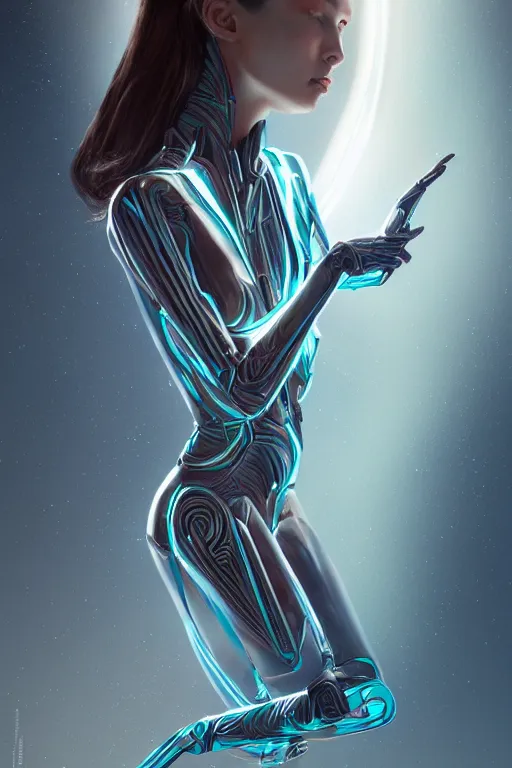 Image similar to full figure portrait, dynamic pose, of a thin elongated female android made of chrome and wood, lean sleek styling, feminine curves, reflective, inscribed etched with gnostic runes, lines of deeply inset glowing turquoise by jessica rossier