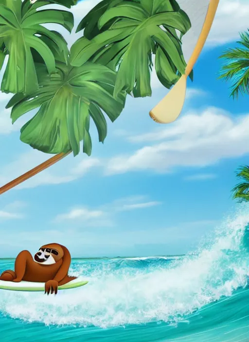 Image similar to disney pixar animation of a sloth riding a surfboard in tropical background waves palm trees, sandy beach