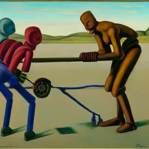 Image similar to robot tug of war, dystopian, pj crook, edward hopper, oil on canvas