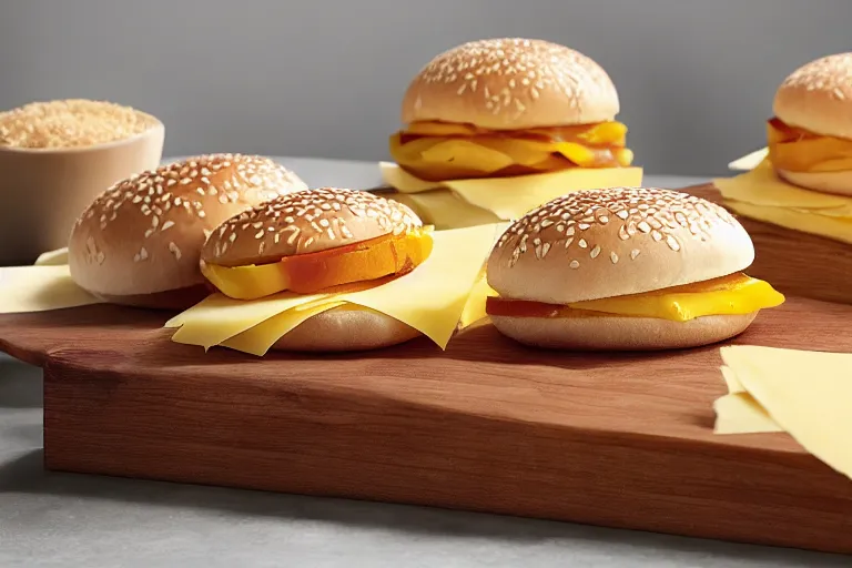Prompt: mcdonalds stacked cheese slices between sesame seed buns, commercial photograph