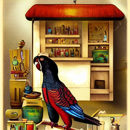 Image similar to Anthropomorphized parrot trader in his shop, selling his wares, portrait, items, items, magic potions, carpet, window, fancy hat, sly expression , cunning expression, cute expression, long thick shiny black beak, presenting wares, holding a bag, D&D, fantasy, cinematic lighting, highly detailed, digital painting, artstation, concept art, smooth, sharp focus, illustration, warm light, cozy warm tint, magic the gathering artwork, volumetric lighting, 8k, art by Akihiko Yoshida, Greg Rutkowski