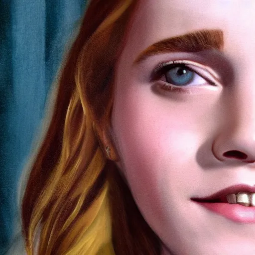 Image similar to Painting of Emma Watson as Hermione Granger. Smiling. Happy. Cheerful. Art by Vermeer. Extreme close up. Extremely detailed. Beautiful. 4K. Award winning.