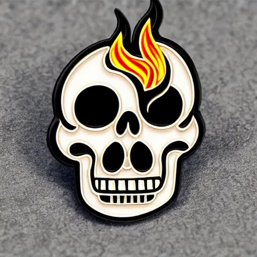 Prompt: a vintage minimalistic laughing joyful skull with fire flame enamel pin, hd, concept art